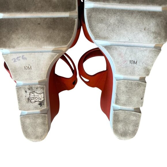 Charly Amar Leather Wedge Sandals Slides Bold Coral Strappy Size 10 Women's - Picture 13 of 14